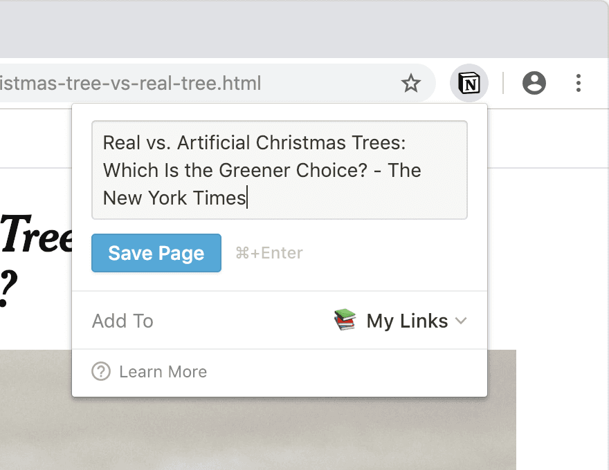 Screenshot des Web Clipper beim Speichern einer Seite in Notion