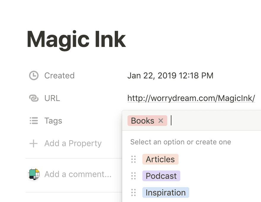 Screenshot eines Popup-Menüs, das Tags in einer Notion-Datenbank zeigt