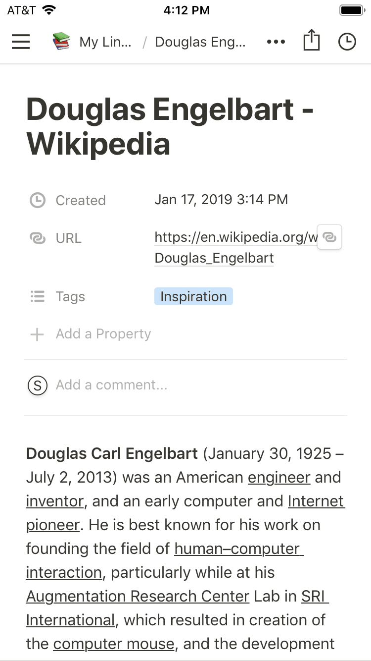 Screenshot eines Links, der auf einem Notion-Dokument mit Eigenschaften geteilt wird