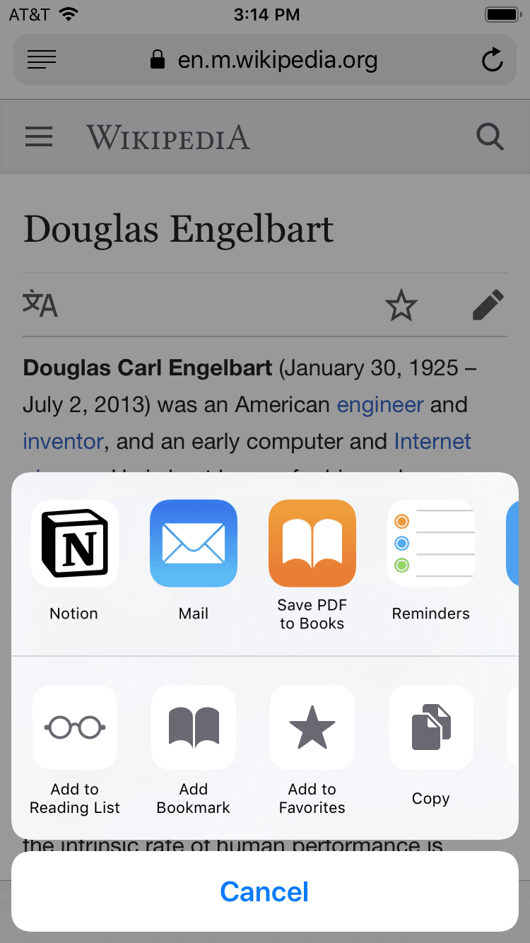 Screenshot eines iOS-Freigabemenüs, auf dem Notion neben anderen Apps zum Speichern eines Links angezeigt wird