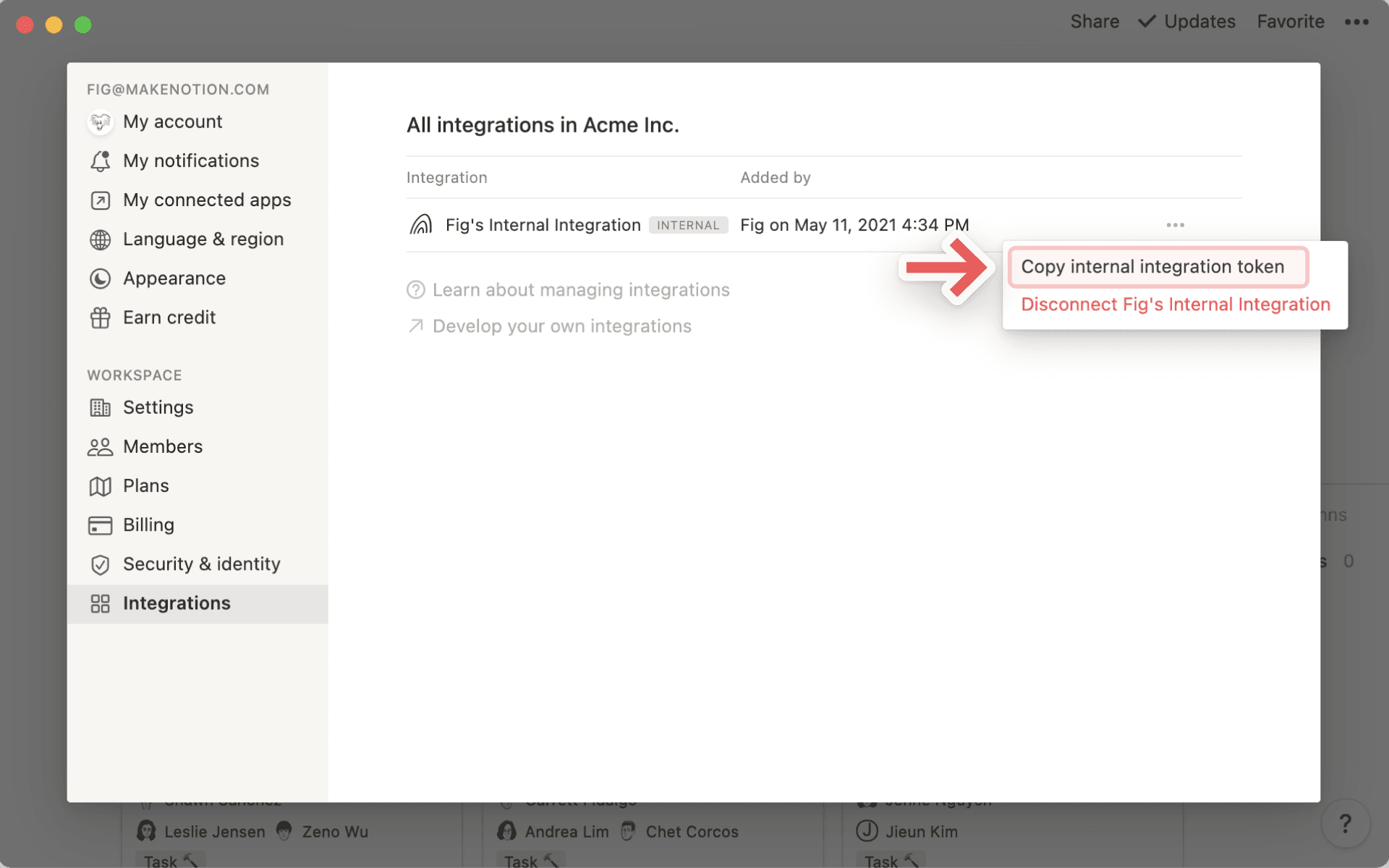 Integrationen hinzufügen und verwalten – Interner Integrationstoken