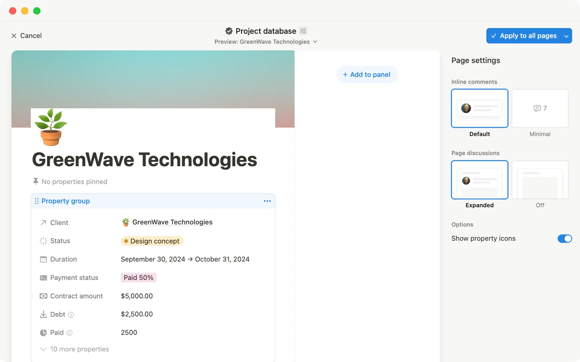 Mit dem Layouts-Builder kannst du alles auf deiner Datenbankseite anpassen – vom Anheften von Eigenschaften bis zum Erstellen eines neuen Seitenbereichs.