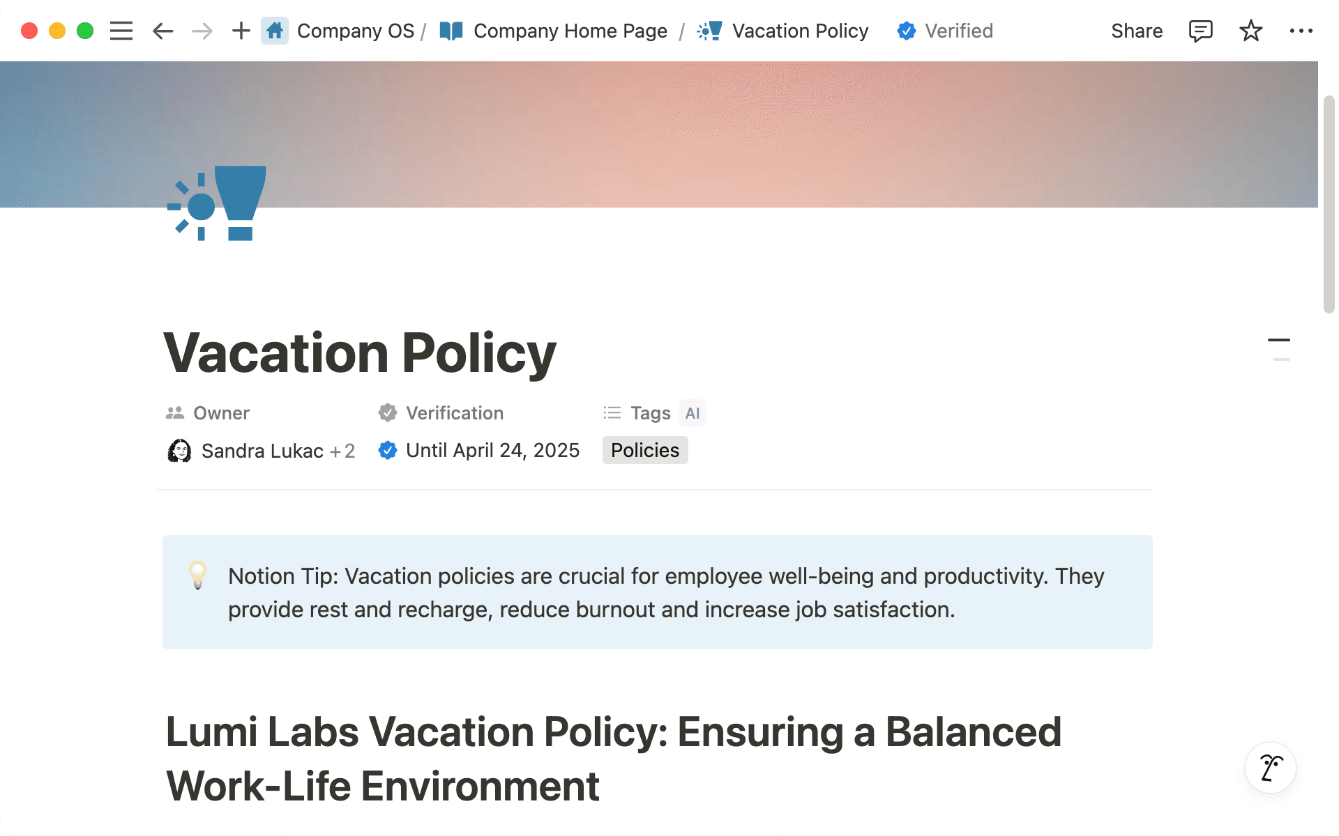 Verifiziere deine Workspace-Inhalte, um anzuzeigen, dass sie auf dem neuesten Stand sind. Du kannst Verifizierungsintervalle für eine bestimmte Zeit oder auf unbestimmte Zeit festlegen.