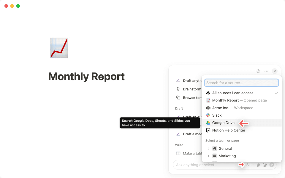 Wähle Google Drive aus der Quellenauswahl der KI aus, um den Suchbereich einzugrenzen.