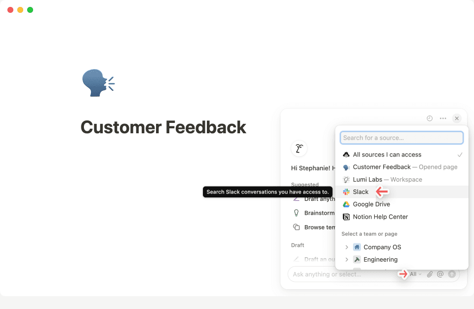 Klicke auf das •••-Menü in der oberen rechten Ecke des Notion-KI-Chats, um eine Verbindung zu Slack herzustellen.