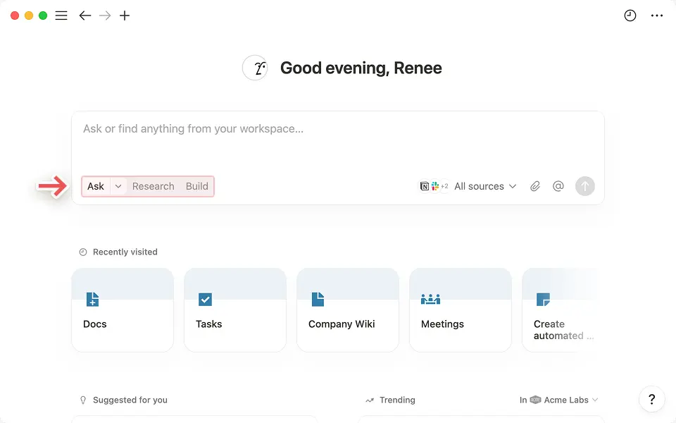 Abhängig von deinen Anforderungen kannst du mit der Notion-KI Antworten finden, Themen recherchieren und Berichte oder eine Datenbank für dich erstellen.