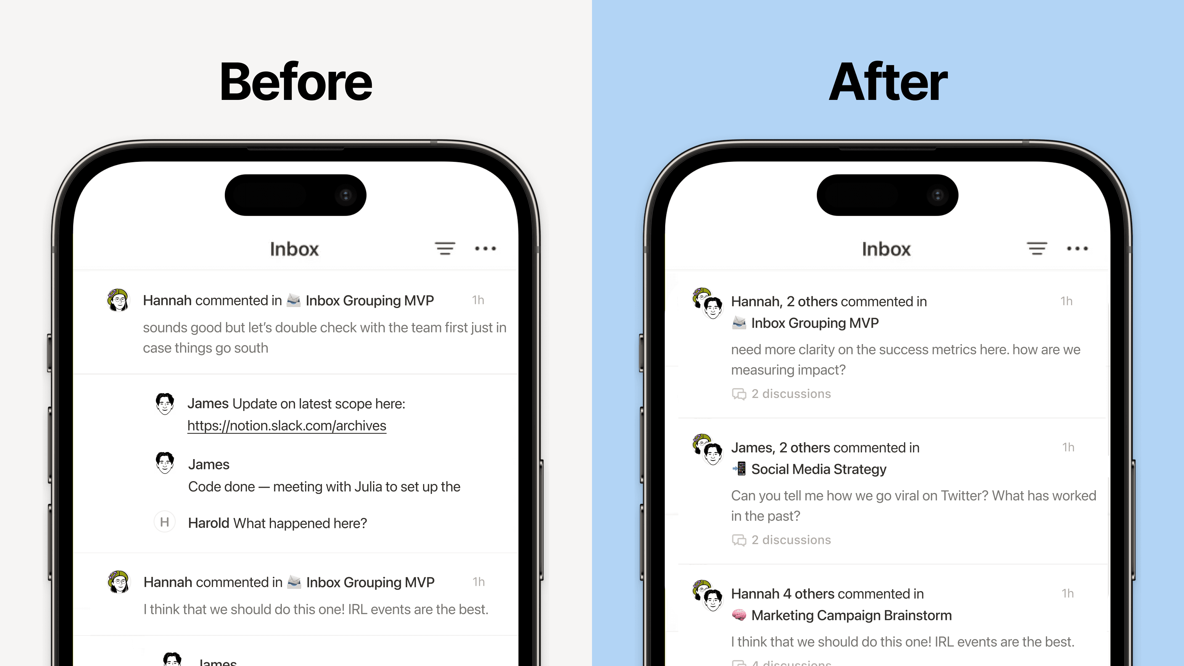 Neue gruppierte Benachrichtigungen in deinem Posteingang bieten ein kompakteres, lesbareres Layout. Dies gibt einen fokussierteren Überblick darüber, was Aufmerksamkeit erfordert, mit schnellem Zugriff auf die neuesten Kommentare.