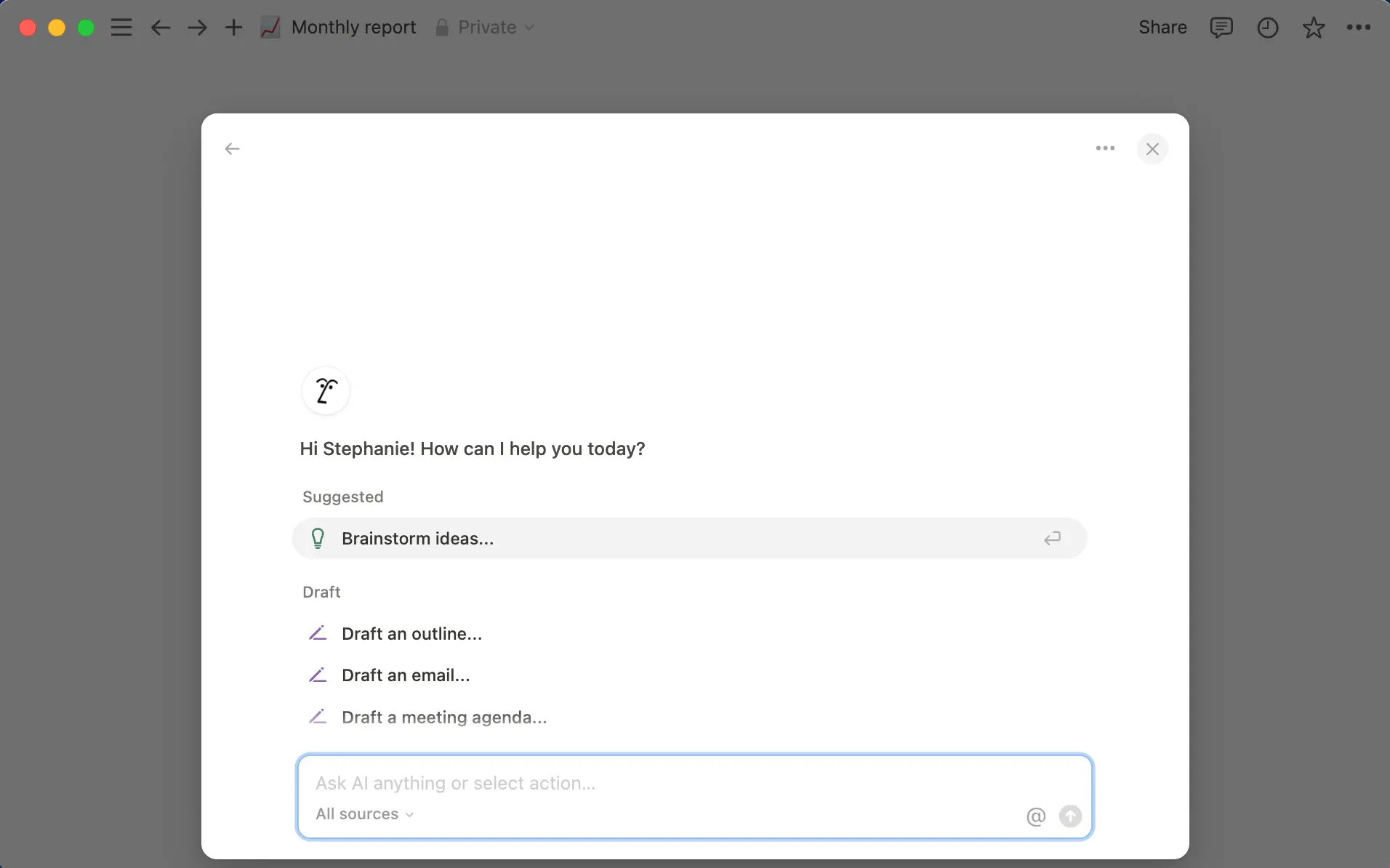 Öffne die Notion-KI direkt mit dem Tastaturkürzel: Shift+Cmd+J (Mac) oder Shift+Ctrl+J (Windows)