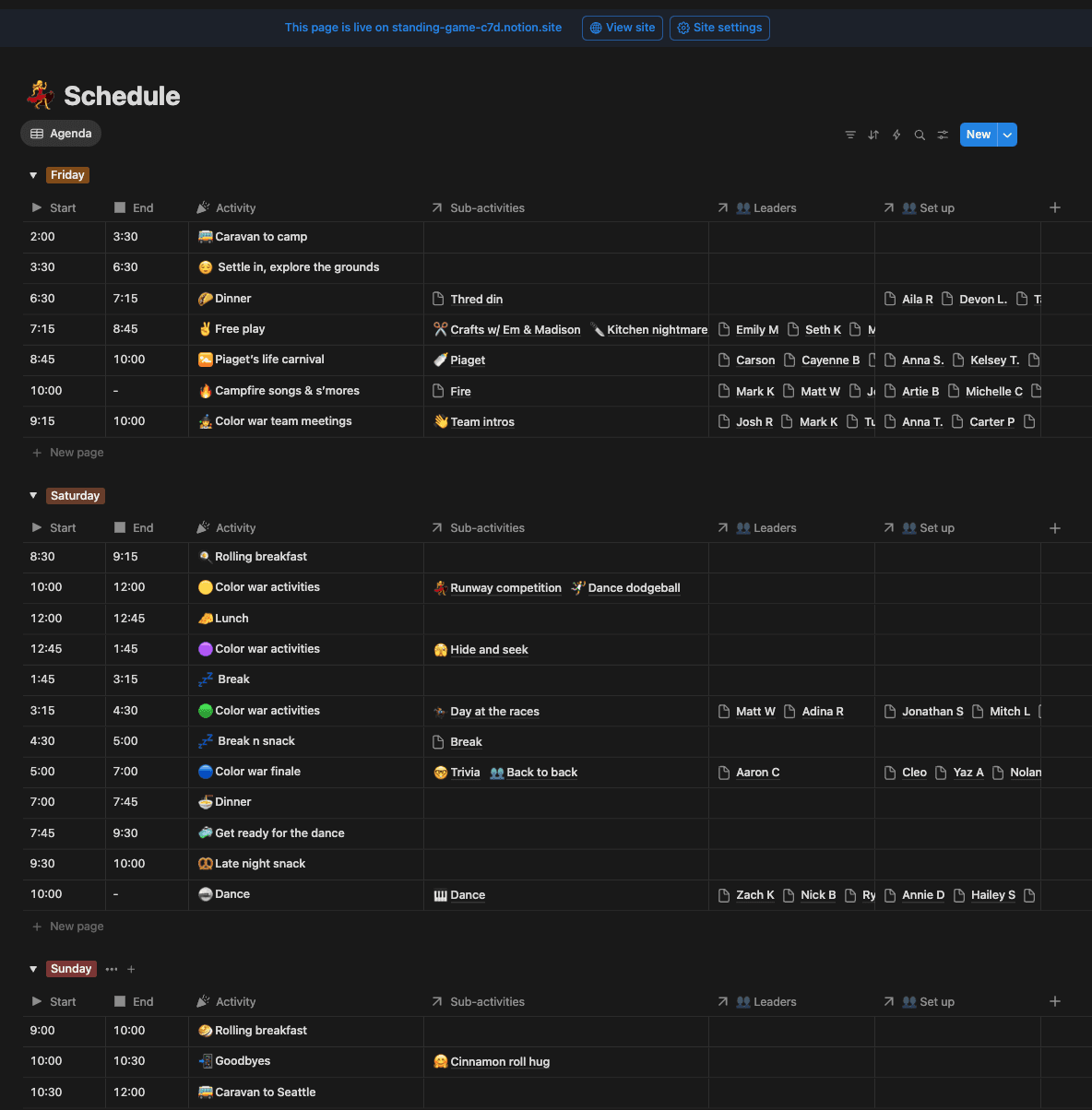 Aaron built a schedule in Notion that keeps him updated on every activity, time, and person in charge.