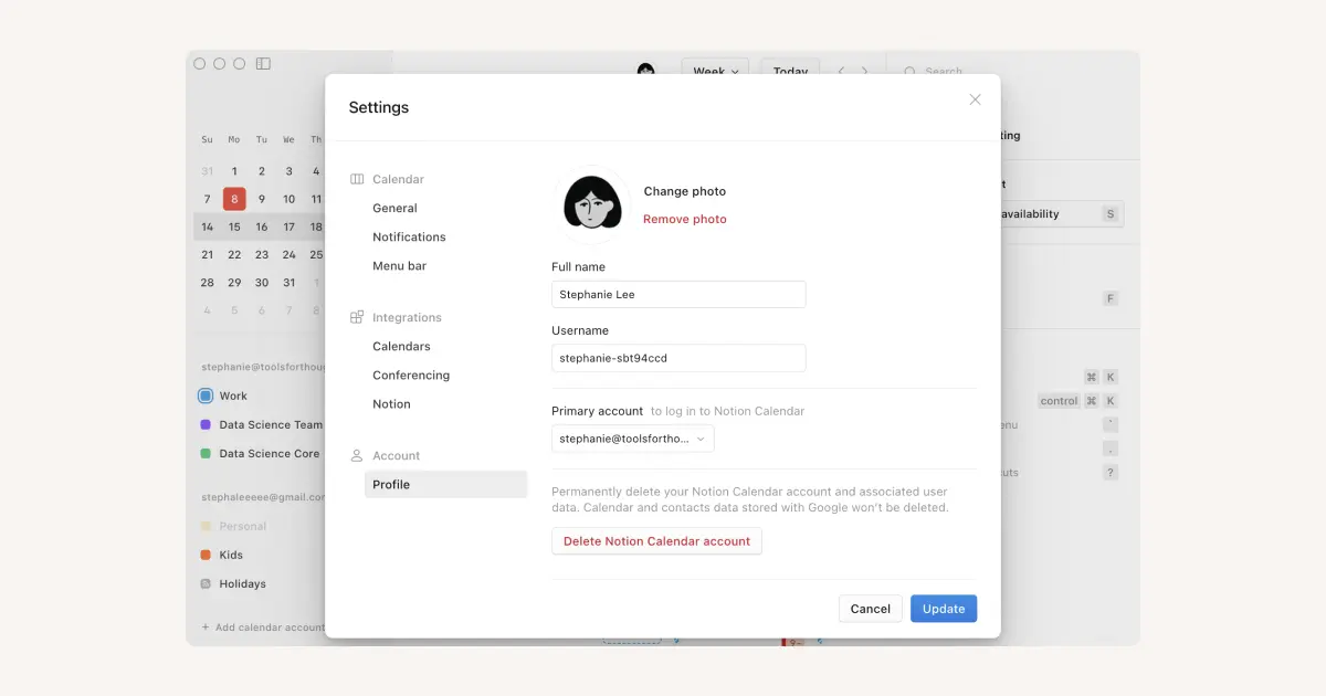 HC: Google- und Notion-Calendar-Konten verwalten
