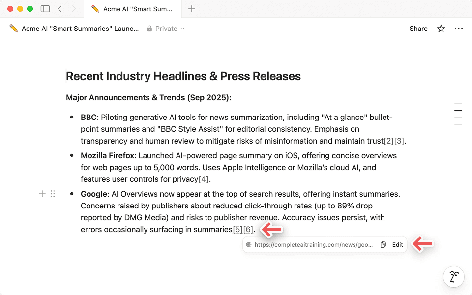 Every report includes hyperlinked citations, letting you see where insights come from.
