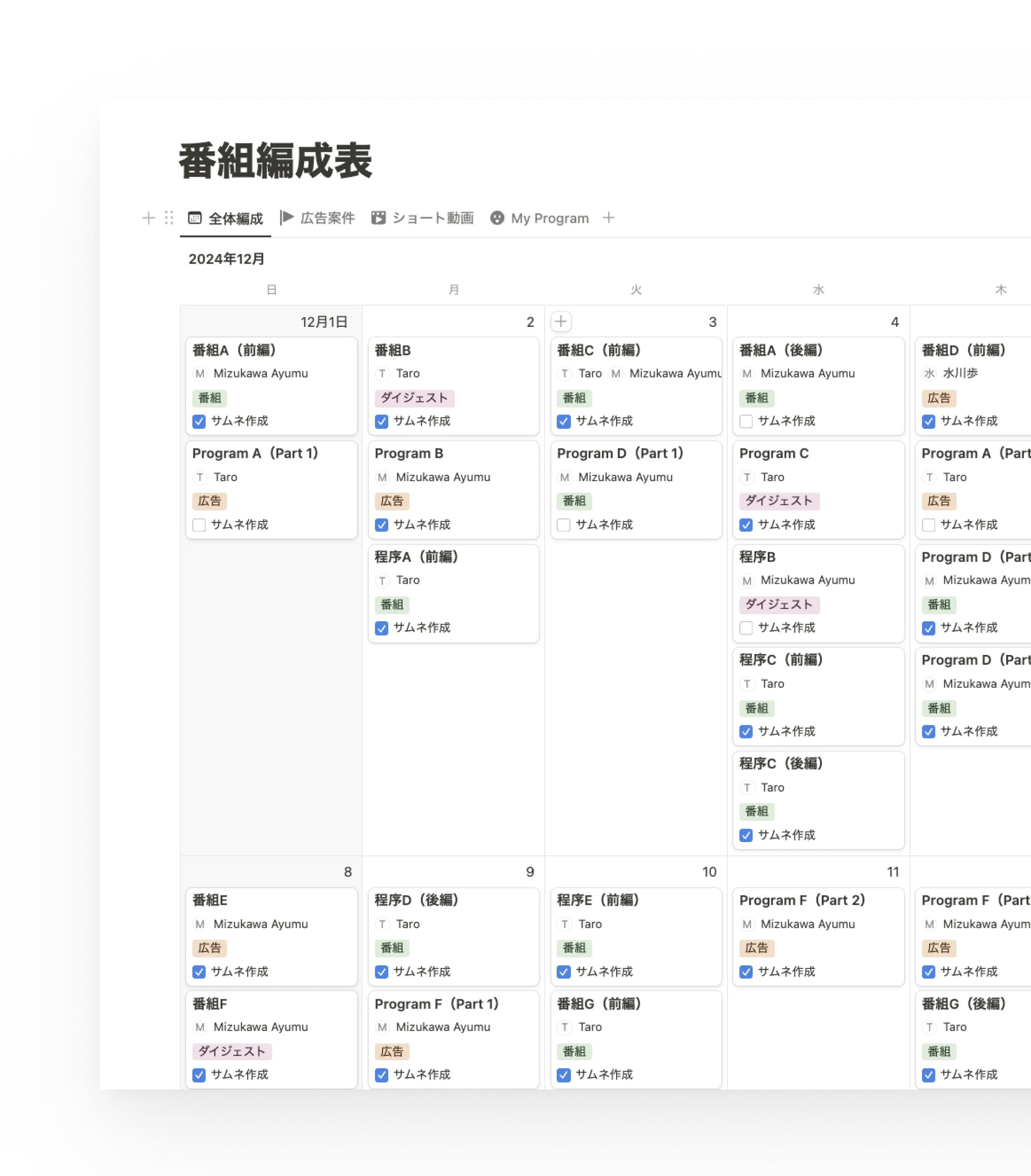 Notionのデータベースに番組編成表をまとめています。今後はプロジェクト管理もNotionに移行して、プロパティへ定量的な結果も追加していく予定です。