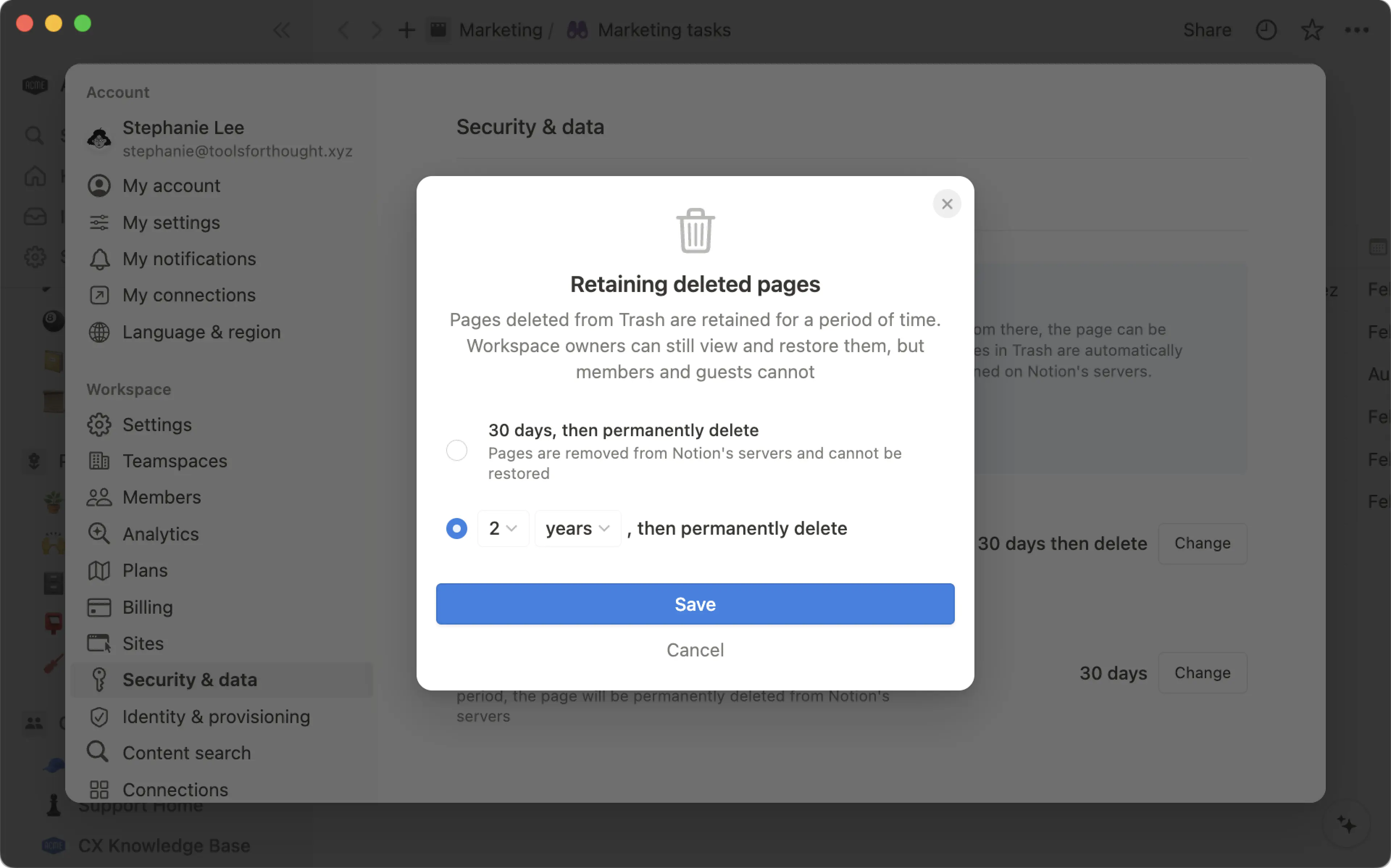 Individuelle Einstellungen zur Daten- und Seitenaufbewahrung