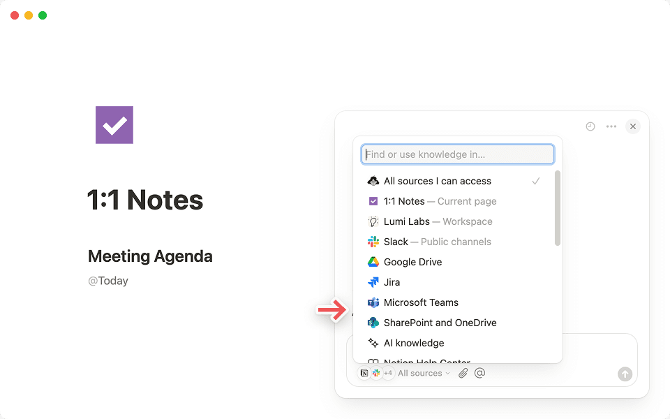 Wähle die Option + Apps verbinden im Tab „Alle Quellen“ deines Notion-KI-Chats, um loszulegen.