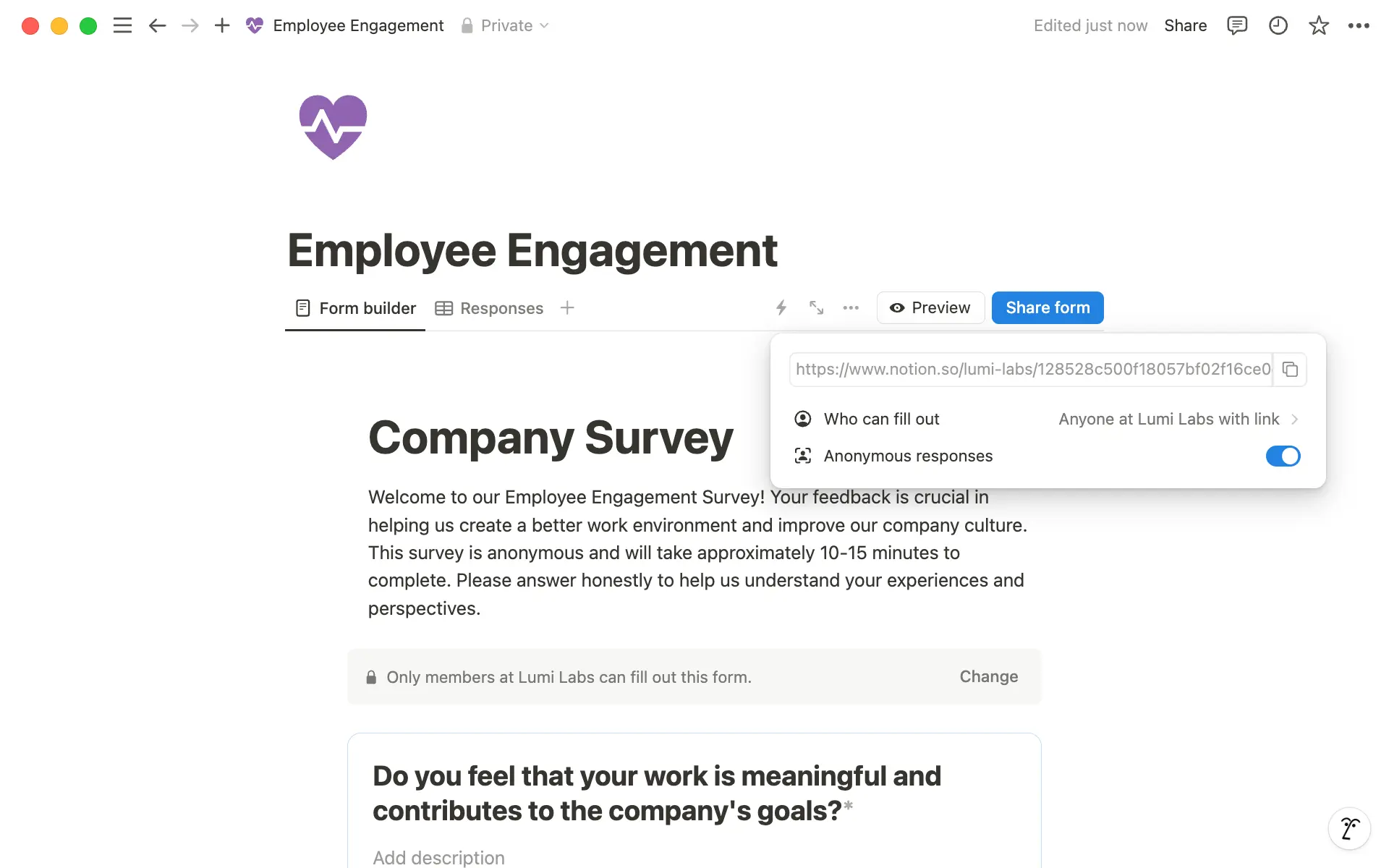 Schalte „Anonyme Antworten“ ein, wenn du „Formular teilen“ auswählst.