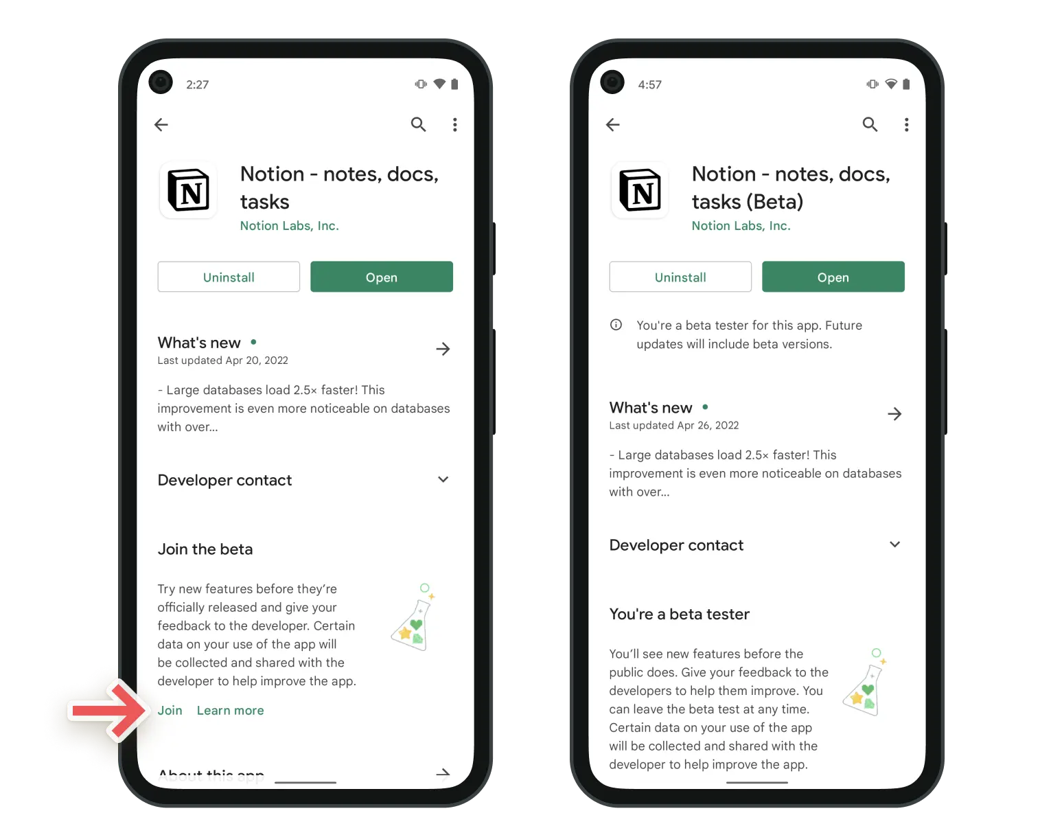 Screenshots vom Anmeldeverfahren für die Beta-Version von Notion für Android im Google Play Store.