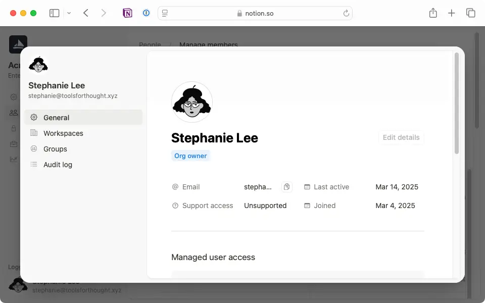 Gehe zu den Einstellungen einzelner Mitglieder, um zu überprüfen, ob jemand Organisationsbesitzer/-in ist.