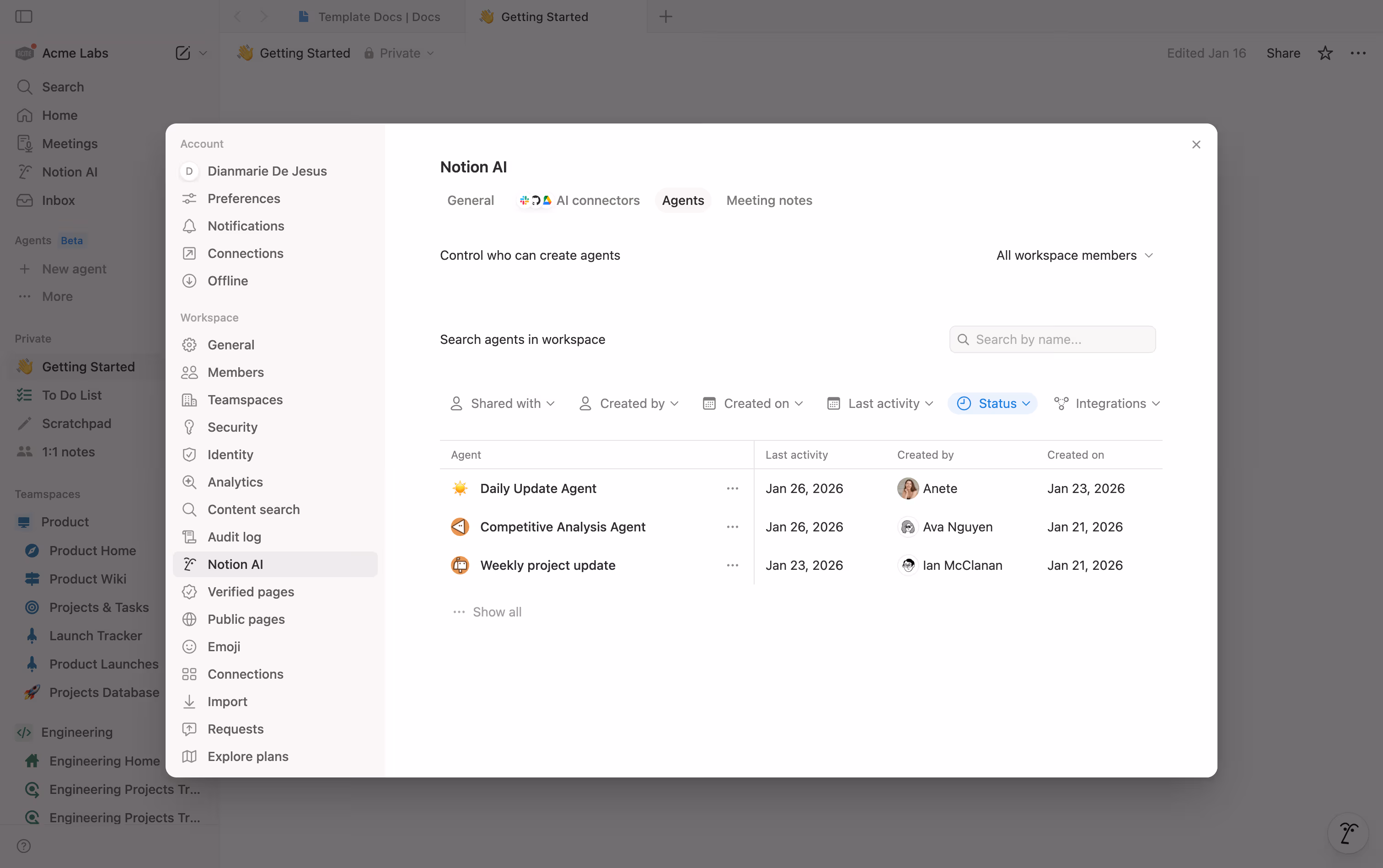 Bild des Agentenverzeichnisses in Notion-KI.