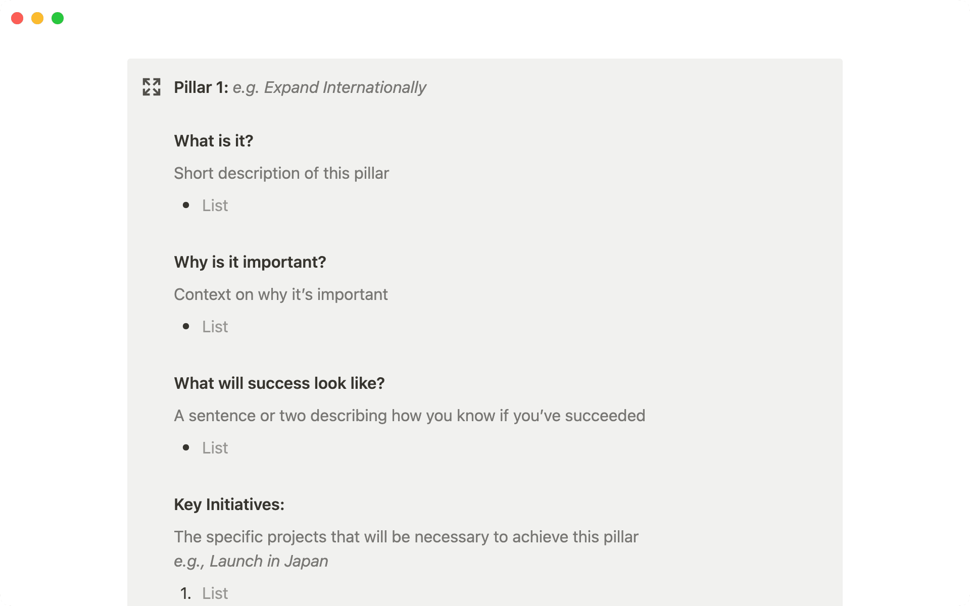 Erstelle die einzelnen strategischen Säulen, indem du das Was, das Warum, Erfolgskennzahlen und Schlüsselinitiativen definierst.
