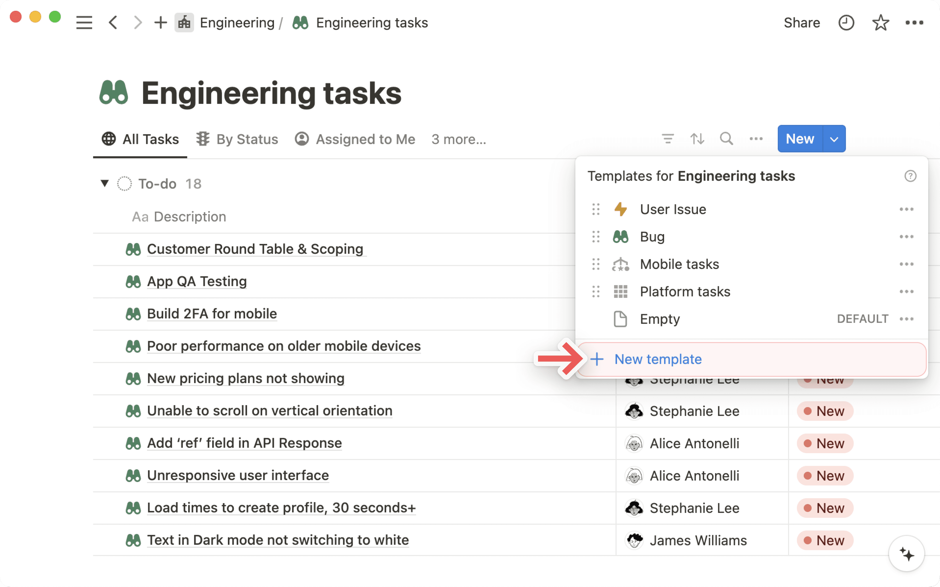 Neue DB-Vorlage aus dem Dropdown-Menü