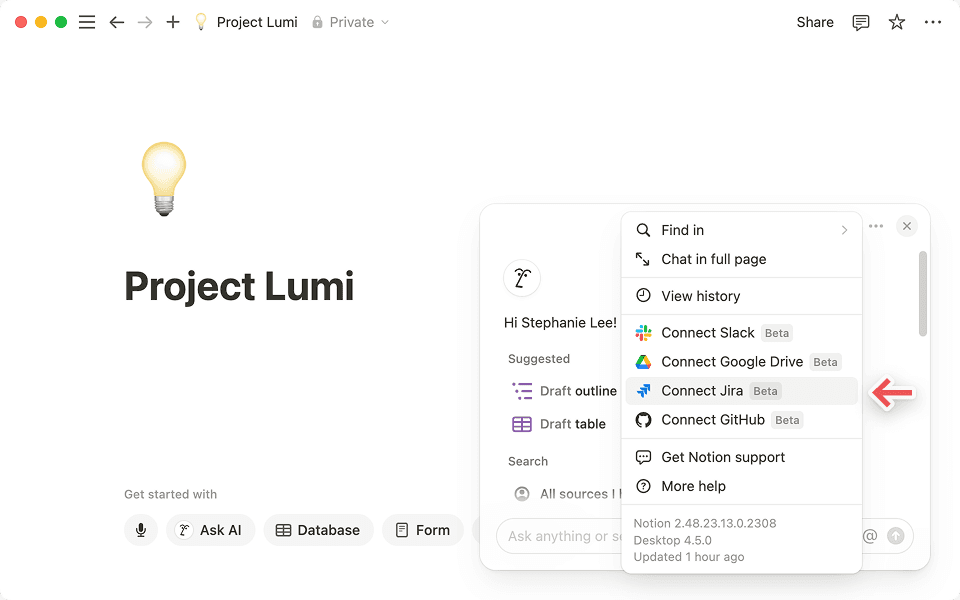 Um Jira zu verbinden, klicke auf das •••-Menü oben rechts im Notion-KI-Chatfenster.