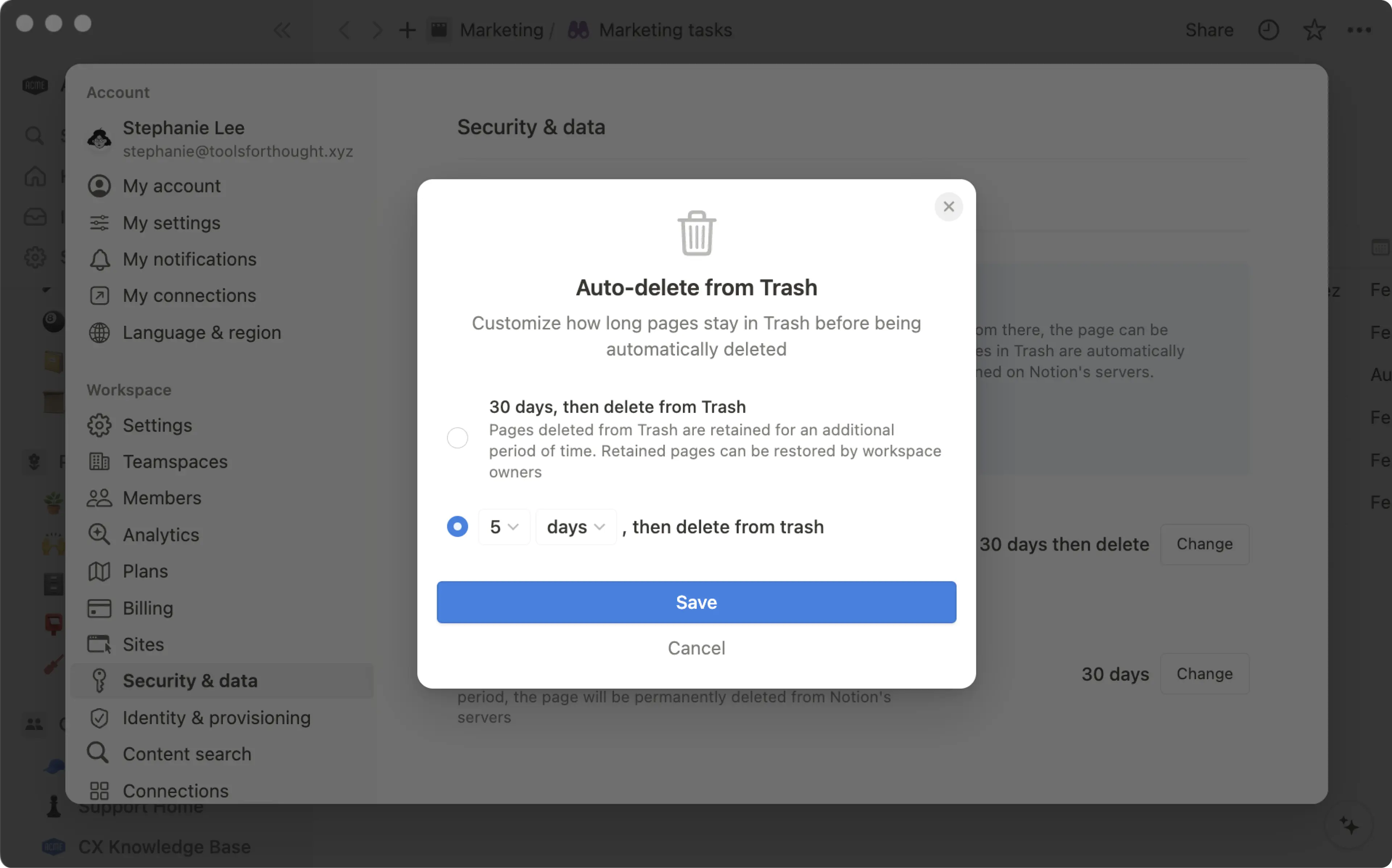 Individuelle Einstellungen für das Aufbewahren von gelöschten Seiten